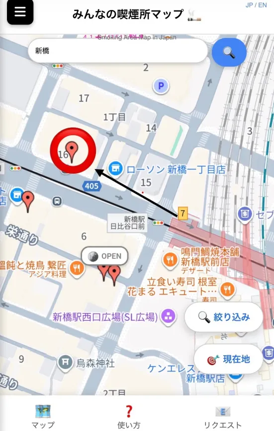 新橋駅7番出口から、ドトールコーヒーショップ 新橋外堀店への最短ルートマップ。線で視覚的にわかりやすく説明