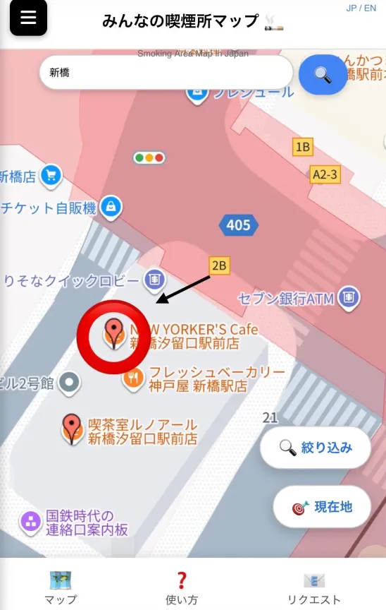 新橋駅烏森出口から、ニューヨーカーズカフェへの最短ルートマップ。線で視覚的にわかりやすく表示