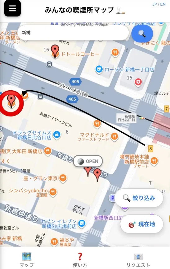 新橋駅8番出口から、喫茶室ルノアール 新橋日比谷口店への最短ルートマップ。線で視覚的にわかりやすく表示